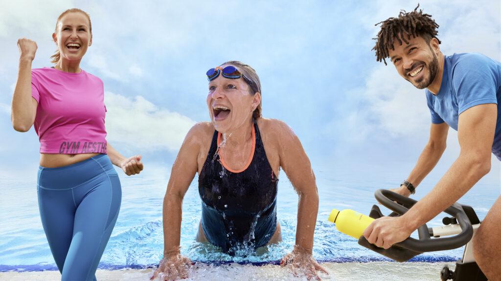 Drei sportliche Personen bei der TryChallenge im TUI MAGIC LIFE Club: eine Frau jubelt, eine Schwimmerin steigt lachend aus dem Pool, und ein Mann trainiert motiviert auf einem Fahrrad – sportliche Herausforderung mit Spaßfaktor.