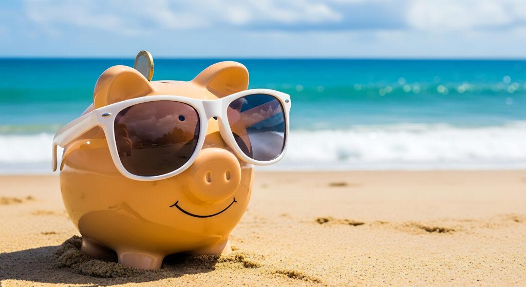 Gelbes Sparschwein mit Sonnenbrille am Sandstrand am Meer – Symbol für Urlaubsplanung 2026 mit Brückentagen in Deutschland und Europa.