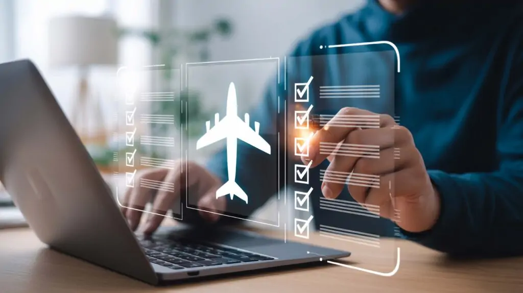 Person plant TUI MAGIC LIFE Urlaub mit KI-gestützter Recherche am Computer