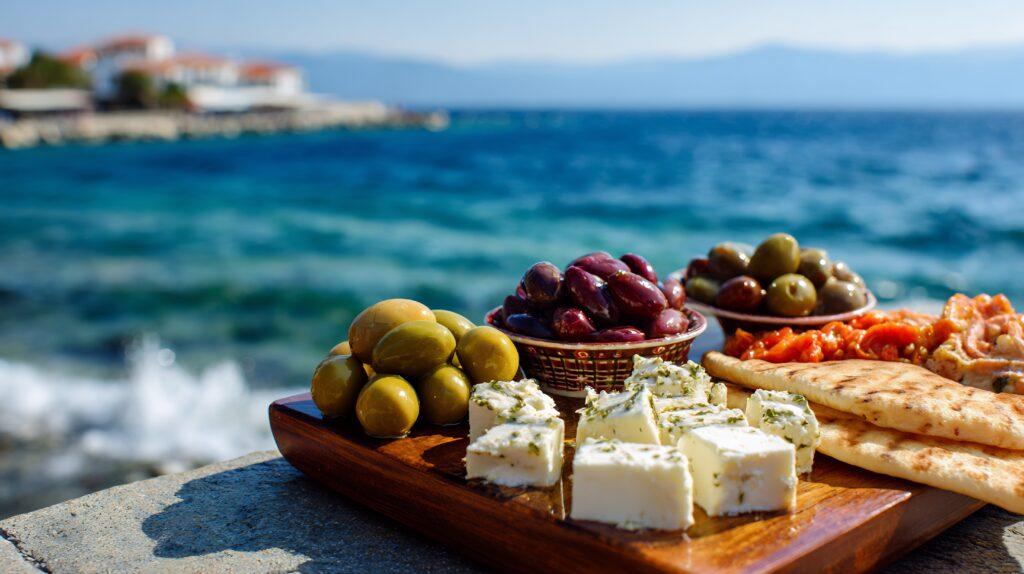 Traditionelle griechische Platte mit Oliven, Feta-Käse und Pita-Brot am Meer – authentischer Genuss auf Kreta.