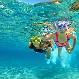 People snorkel in the water