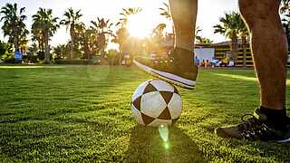 [Translate to English (en_EN):] Spieler mit Fußball unterm Fuß auf gepflegtem rasen mit Palmen